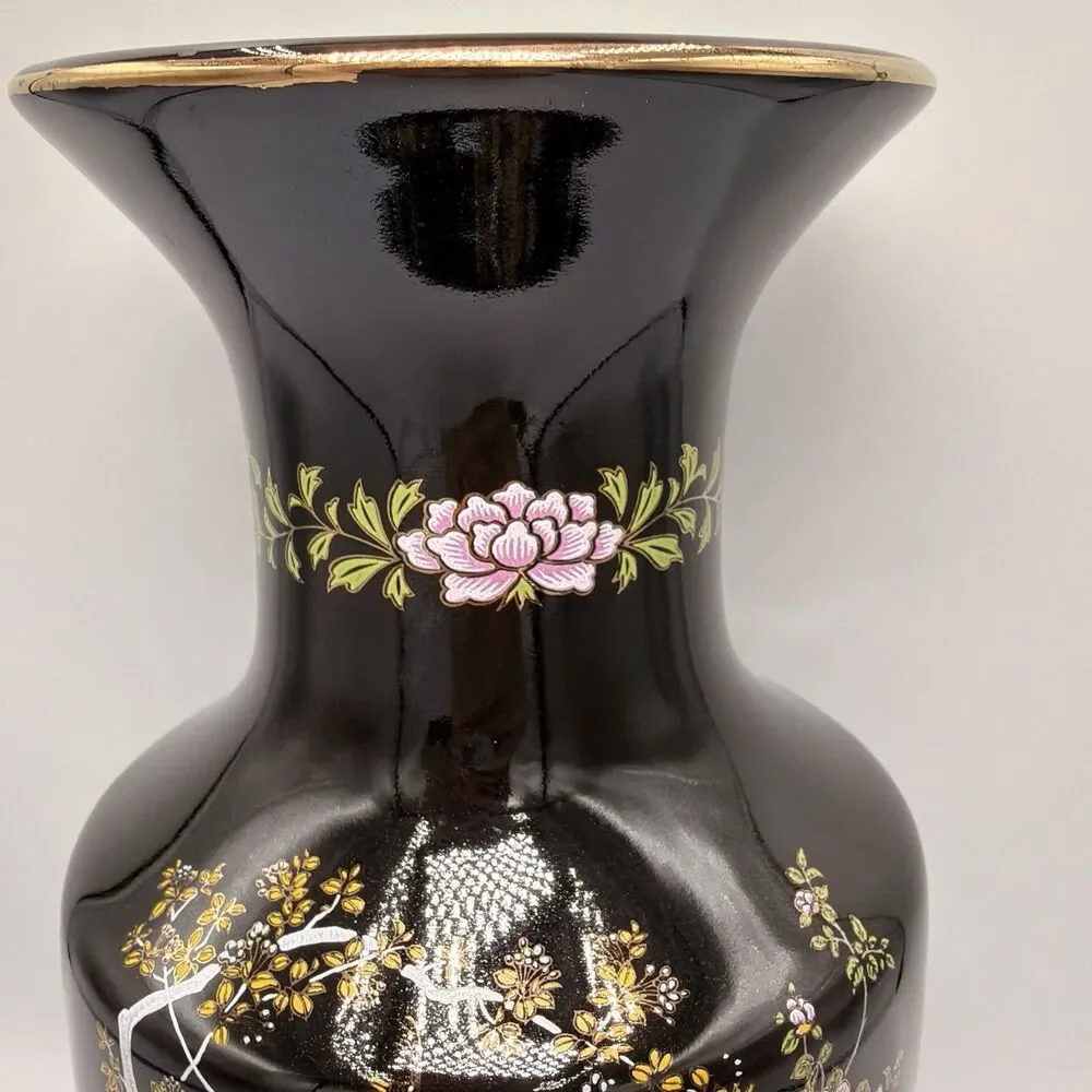 Vintage Japanese Black Peacock Floral Vase 11” Gold Trim Hand Decorated Japan